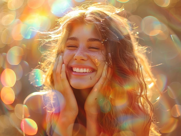 A blonde girl illuminated by lights smiling at the camera