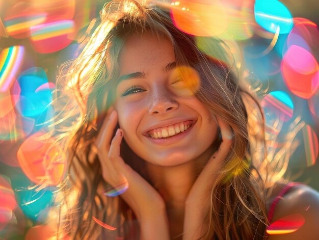 A blonde girl illuminated by lights smiling at the camera