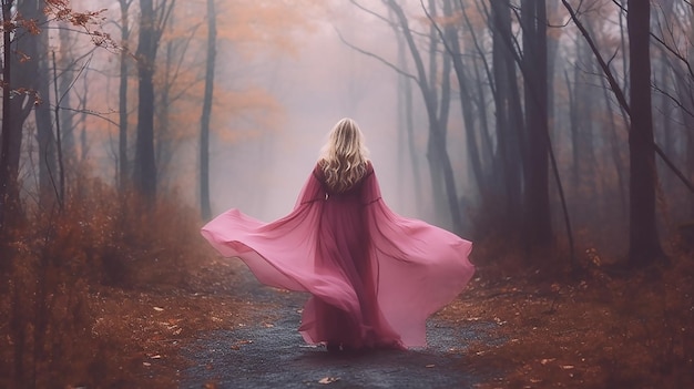 A blonde girl in a long pink dress in the forest covered with mist