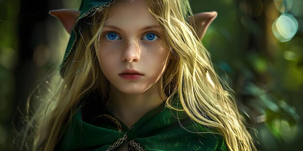 Photo blonde girl with blue eyes and elf ears in green cape concept fantasy photography elf aesthetics enchanting portraits natureinspired photoshoot magical wardrobe