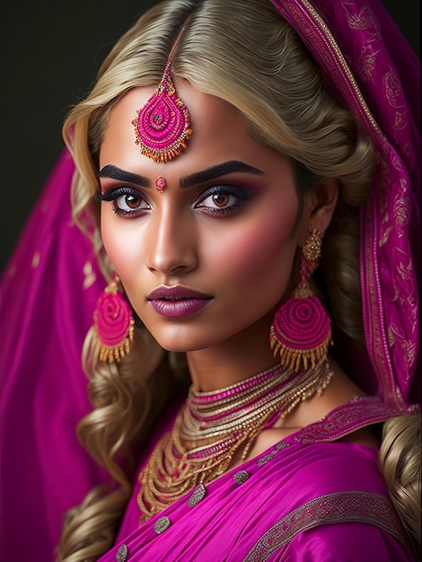 Blonde hair girl in Indian saree