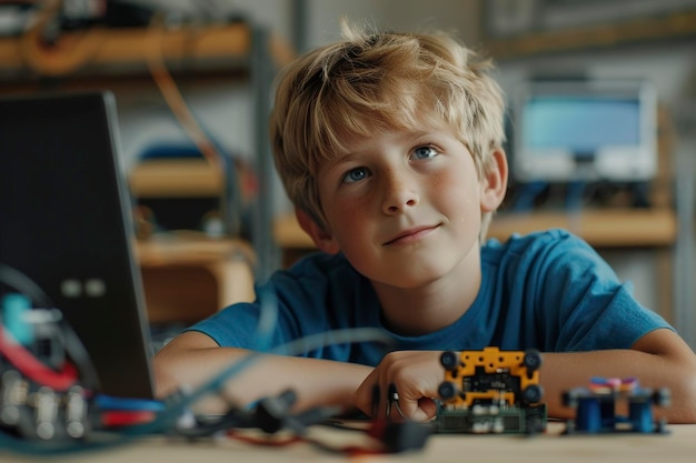 A Blonde hair schoolboy in blue shirt watching motherboard