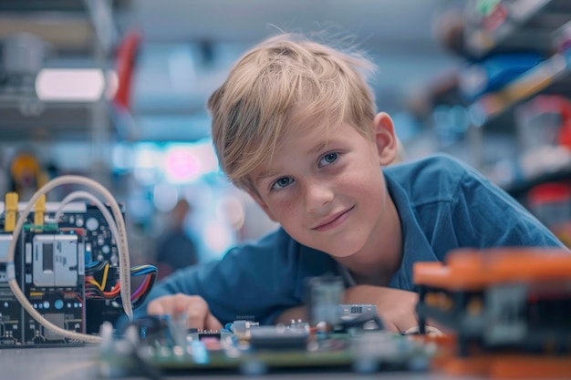 A Blonde hair schoolboy in blue shirt watching motherboard