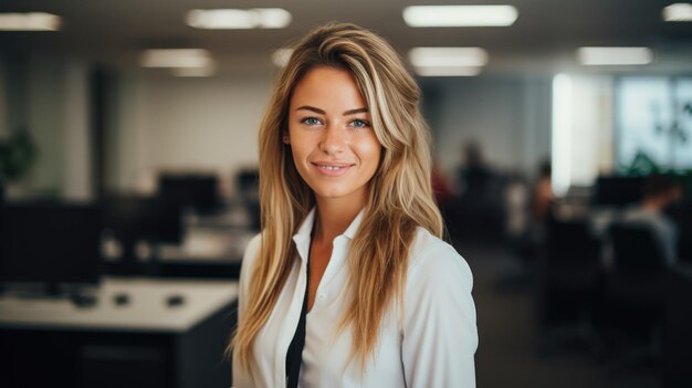 Blonde hair women wearing office wear with a hint of smile fujifilm office background ar 169 fast st