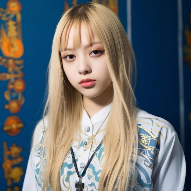 Blonde Japanese Girl in Contemporary Tshirt and black necklace