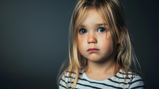 Blonde kid girl looking at something and shows emotions on background Generative AI