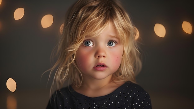 Blonde kid girl looking at something and shows emotions on background Generative AI