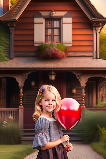 Blonde little girl photo holding a red baloon