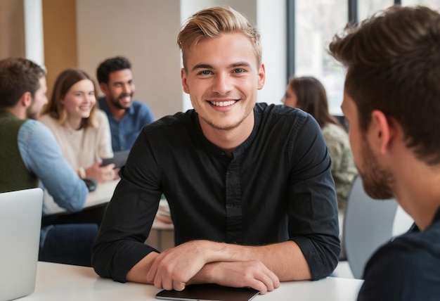 Blonde man smiling confidently in a group setting