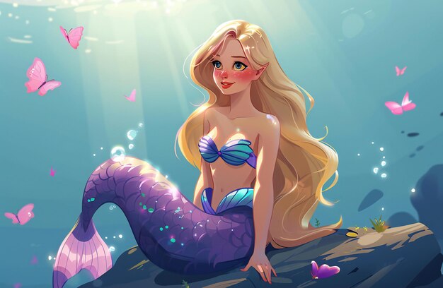 Blonde mermaid with purple tail sitting on sea rock