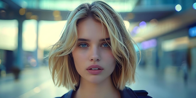 Blonde model with bob haircut walking outside shopping center with intense look Concept Fashion Photography Street Style Bob Haircut Intense Look Shopping Center