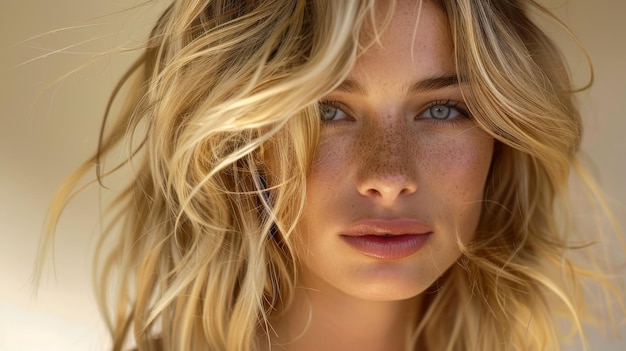 Photo blonde model with shoulder length wavy hair posing in natural light