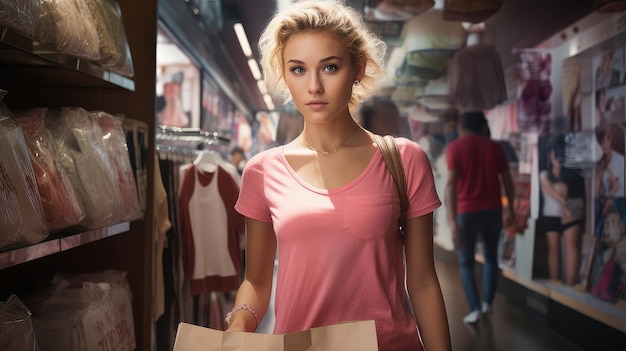 Blonde in pink on shopping