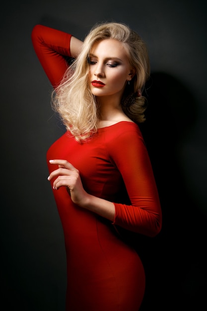 Blonde in a red dress