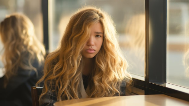 Blonde sad teenage girl sitting in a cafe