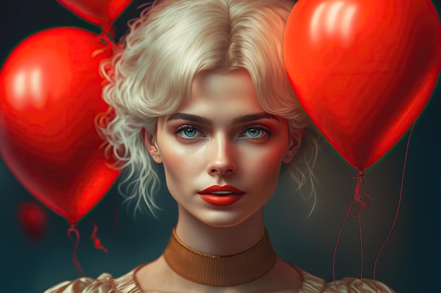 Blonde teenager girl with red balloons Valentines Day Generative AI