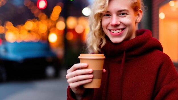 Blonde transgender person holding a cardboard coffee cup