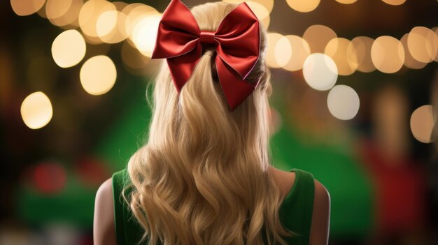 blonde with her back near the christmas tree