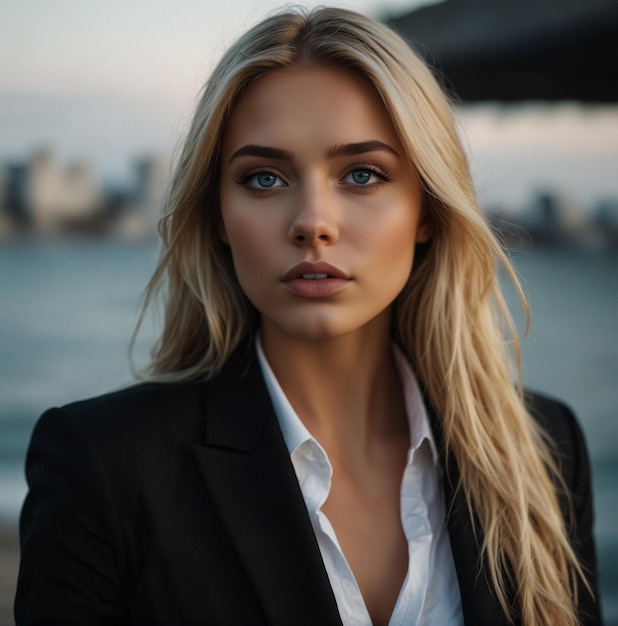 a blonde woman in a black blazer and a white shirt is standing in front of a city skyline