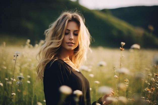 Photo blonde woman in black dress on chamomiles flowers field