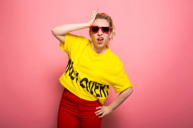 Blonde woman in bright clothes