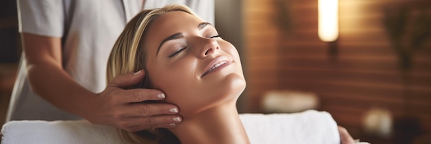 Blonde woman enjoying tranquil head massage at spa center with place for text