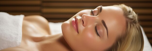 Blonde woman enjoys a relaxing treatment at a tranquil spa for complete rejuvenation Place for text