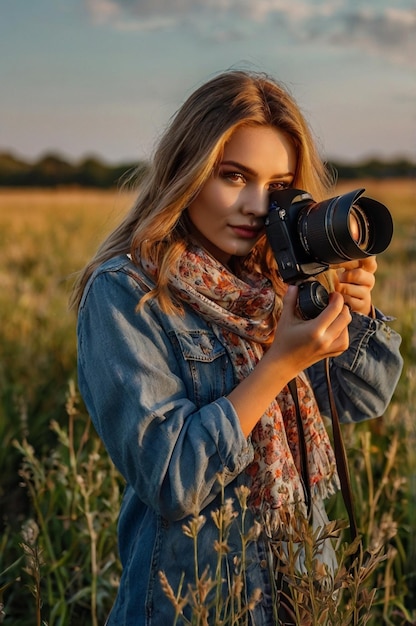 Photo blonde woman enjoys sun and summer and taking photos