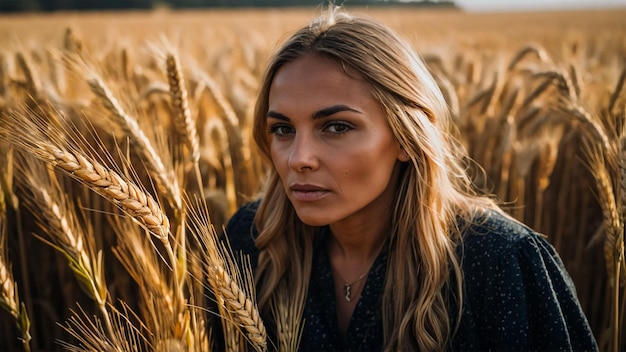 a blonde woman in a field of wheat