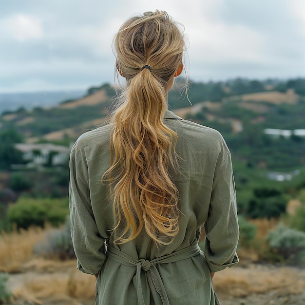 Blonde woman in green pajamas back view on empty white background