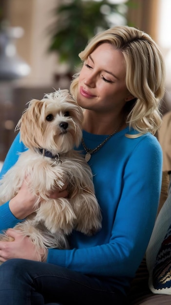 Blonde woman holding maltese dog