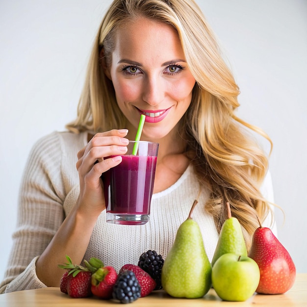 a blonde woman is drinking a glass of juice and is holding a straw