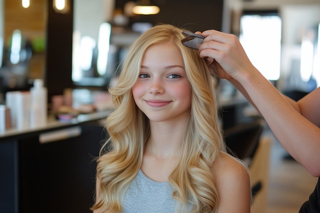 a blonde woman is getting her hair done by a hairdresser