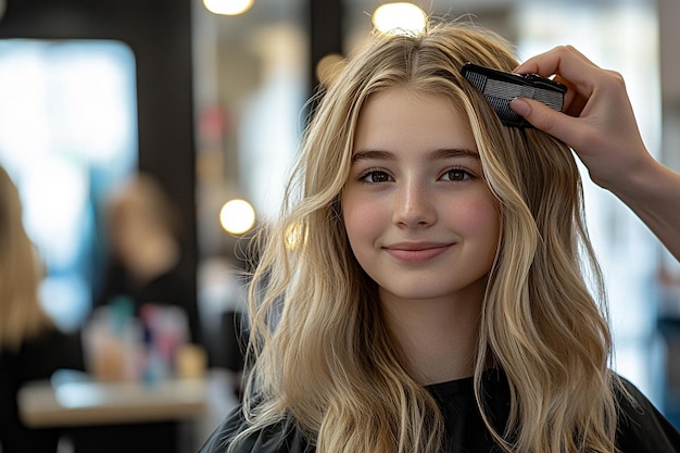 a blonde woman is getting her hair done by a hairdresser