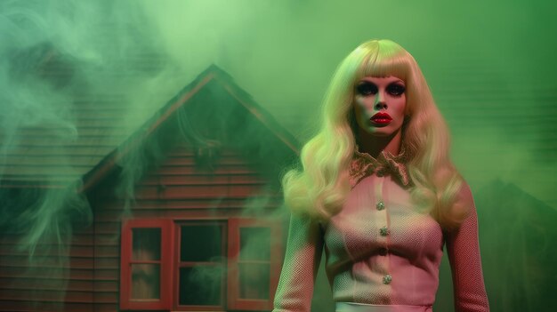 Blonde woman at night against the backdrop of a scary house