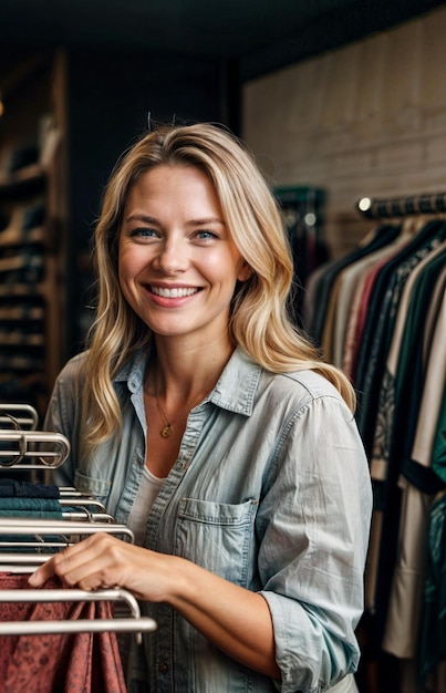 blonde woman owner of a small boutique clothing store arranging hangers with clothing