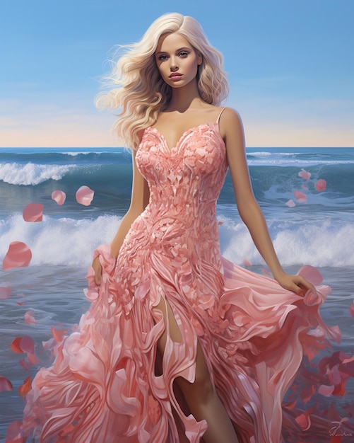 Photo blonde woman in pink dress standing