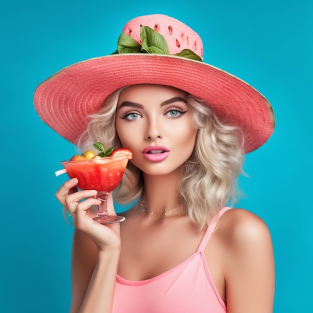 A blonde woman in a pink hat holds a fruit cocktail.