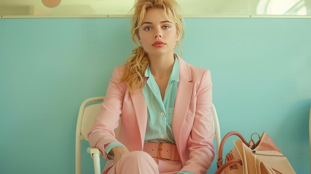 Photo a blonde woman in pink suit and mint shirt sits on white chairs with documents