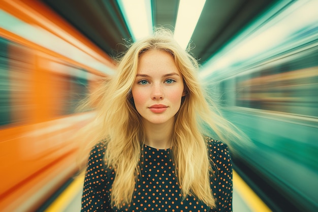 Blonde Woman in a Polka Dot Dress Stands in a Blurry Train Station