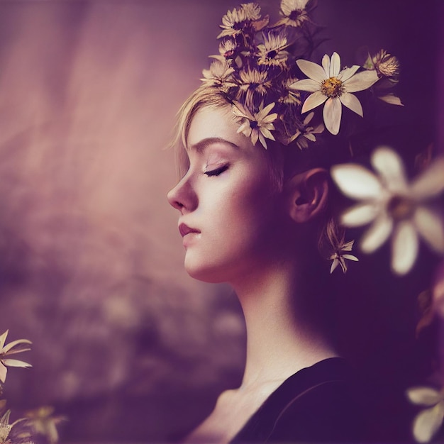 Blonde woman portrait with closed eyes and flowers in background 3d rendering