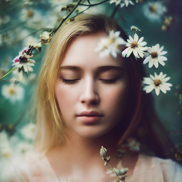 Blonde woman portrait with closed eyes and flowers in background 3d rendering