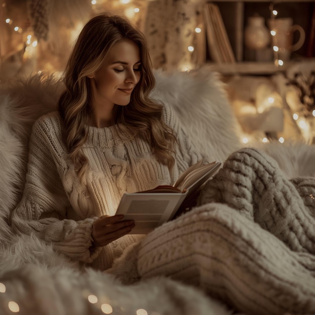 Blonde woman reading a book in a cozy bed surrounded by warm fairy lights on a winter evening