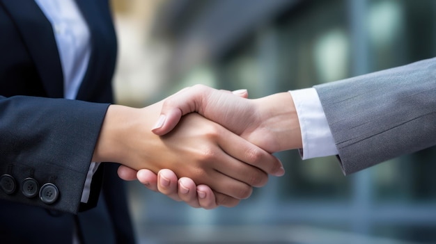 Blonde woman shaking hands in a business suit she is facing the camera you oly see the back