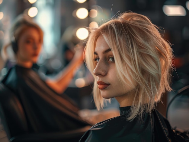 Photo a blonde woman sits in a chair with her hair being cut