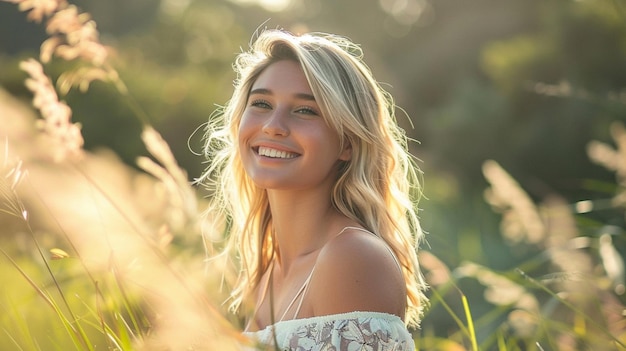 a blonde woman smiles in a field of tall grass