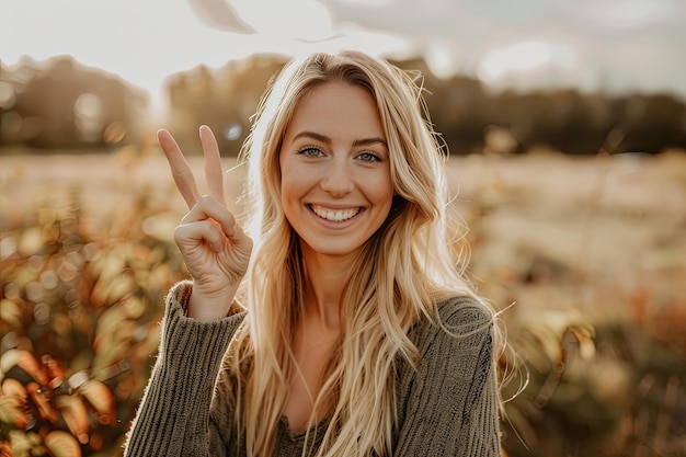 Photo blonde woman smiling and doing peace sign