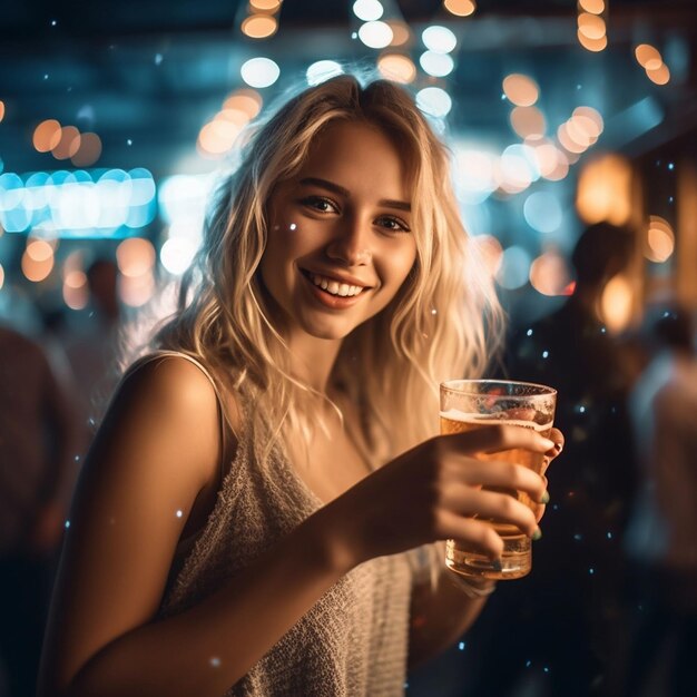 Photo blonde woman smiling with beer in bar at night