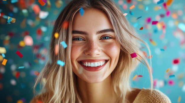 Photo blonde woman smiling with confetti falling around her