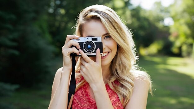 Blonde woman in summer clothes taking photo on retro camera